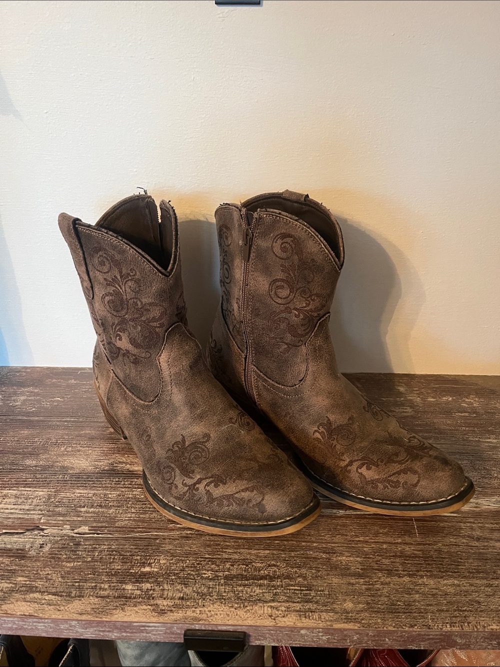 Roper Brown Suede Western Ankle Booties with Embroidered Detail